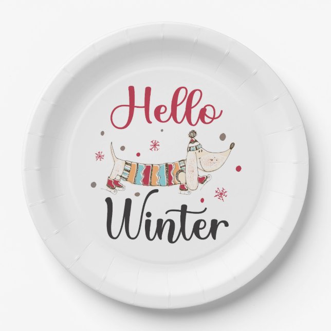 Plato De Papel Perrito Adorable Hola Invierno  (Anverso)