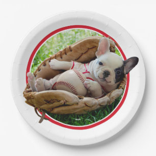 Plato De Papel Perrito lindo en un mitón de béisbol