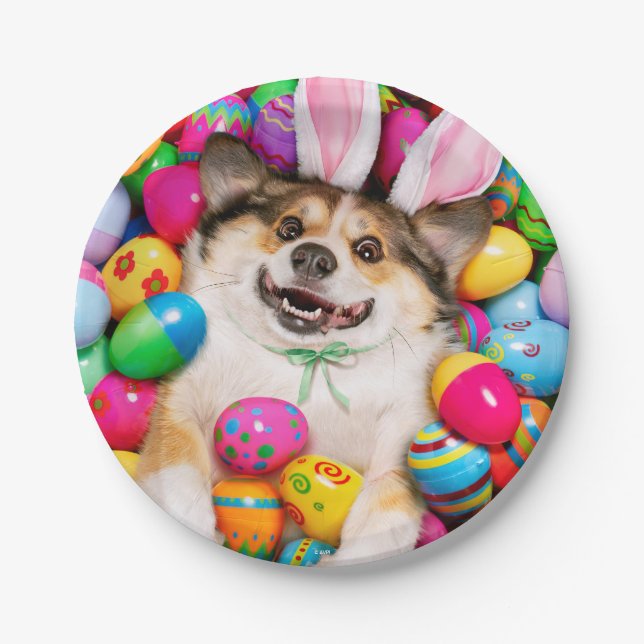 Plato De Papel Perro acostado sobre huevos de Pascua (Anverso)