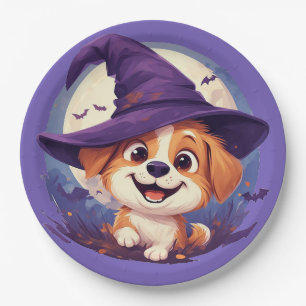 Plato De Papel Perro adorable con sombrero de bruja