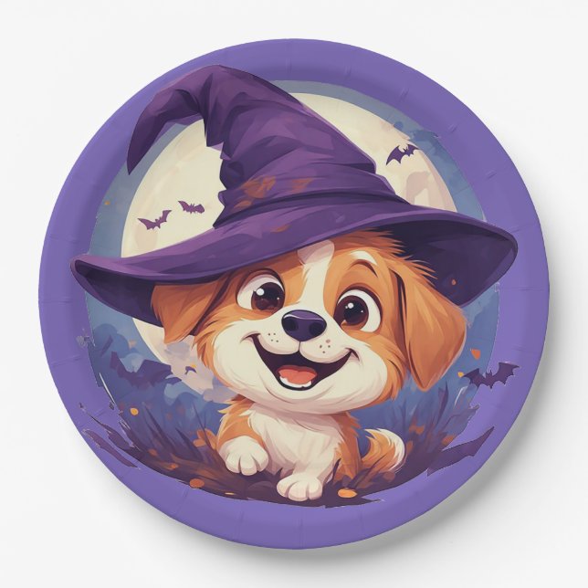 Plato De Papel Perro adorable con sombrero de bruja (Anverso)