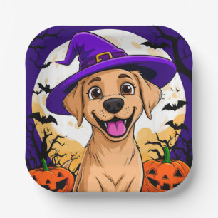 Plato De Papel Perro Adorable con Sombrero de Bruja