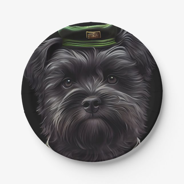 Plato De Papel Perro Affenpinscher con vestido de San Patricio (Anverso)