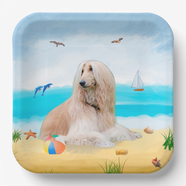 Plato De Papel Perro afgano en la playa (Anverso)