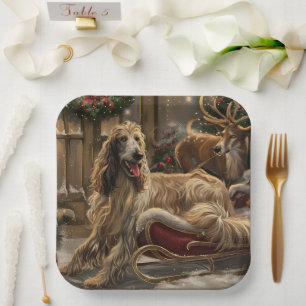 Plato De Papel Perro afgano navideño festivo