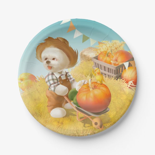 Plato De Papel Perro agricultor con calabaza (Anverso)