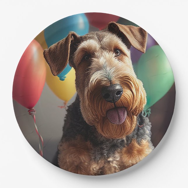 Plato De Papel Perro Airedale con pastel y globos (Anverso)