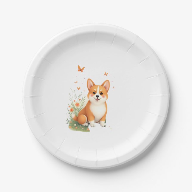 Plato De Papel Perro Akita con flor y camiseta con mariposa (Anverso)