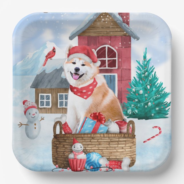 Plato De Papel Perro Akita En Casa De Perros De Navidades De Niev (Anverso)