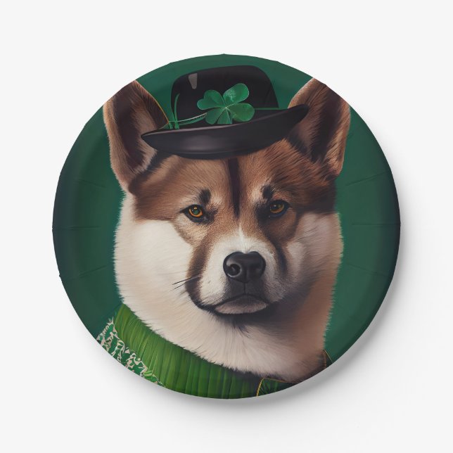 Plato De Papel Perro akita en el vestido del Día de San Patricio (Anverso)