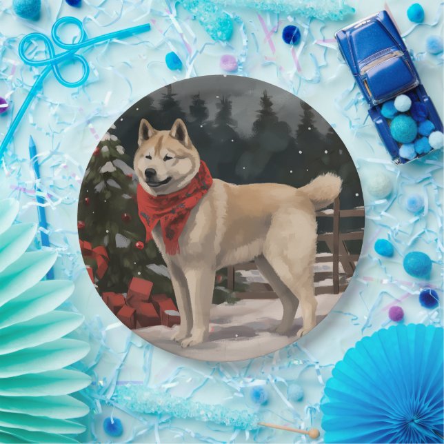 Plato De Papel Perro Akita en Navidades de nieve (Fiesta)
