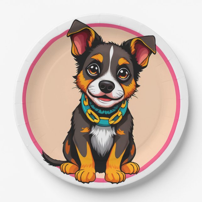 Plato De Papel Perro animado lindo con collar (Anverso)