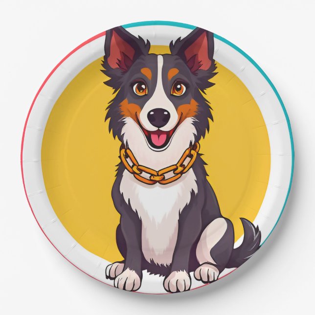 Plato De Papel Perro animado lindo con collar (Anverso)