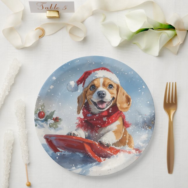 Plato De Papel Perro Beagle con manchas y Navidades de nieve (Boda)