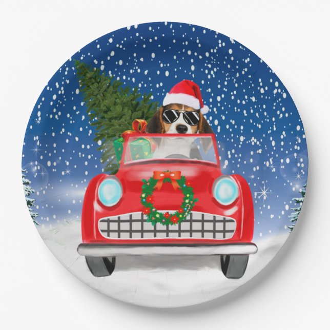 Plato De Papel Perro Beagle Conductor Auto En Navidades De Nieve (Anverso)