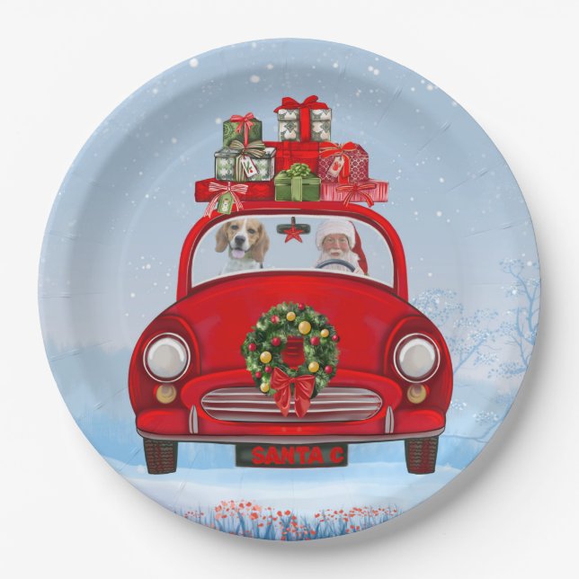 Plato De Papel Perro Beagle en coche con Papá Noel (Anverso)