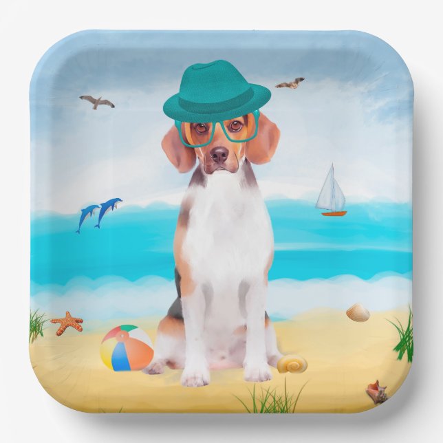 Plato De Papel Perro Beagle En La Playa (Anverso)