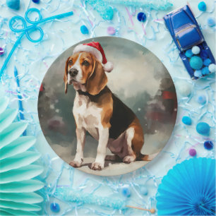 Plato De Papel Perro Beagle en Navidad con Nieve