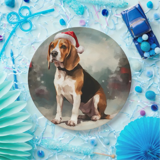 Plato De Papel Perro Beagle en Navidad con Nieve (Fiesta)
