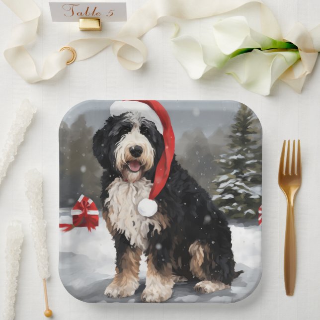 Plato De Papel Perro Bernedoodle en Navidades de Nieve (Boda)