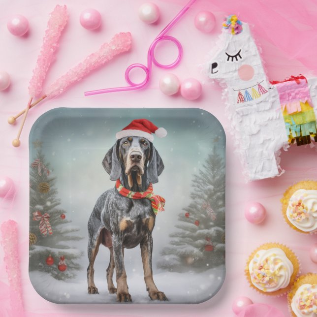 Plato De Papel Perro Bluetick Coonhound en Navidad con Nieve  (Fiesta)