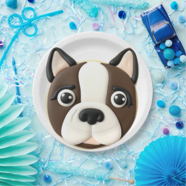 Plato De Papel Perro Boston Terrier Inspirado en 3D (Fiesta)