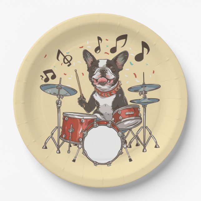 Plato De Papel Perro Boston Terrier tocando la batería (Anverso)