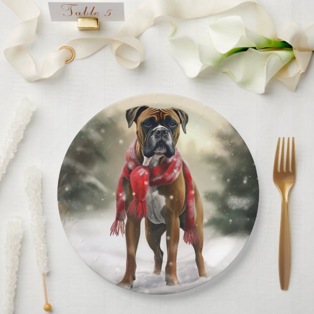 Plato De Papel Perro Boxer en Navidades de Nieve (Boda)