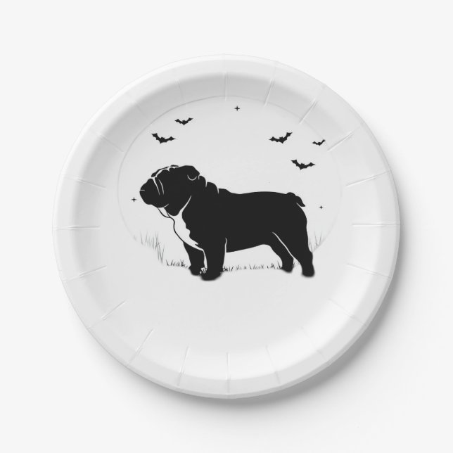 Plato De Papel Perro Bulldog Inglés - Halloween Moon Silhouette O (Anverso)