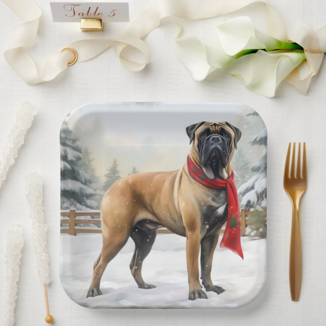 Plato De Papel Perro bullmastiff en Navidades de nieve (Boda)