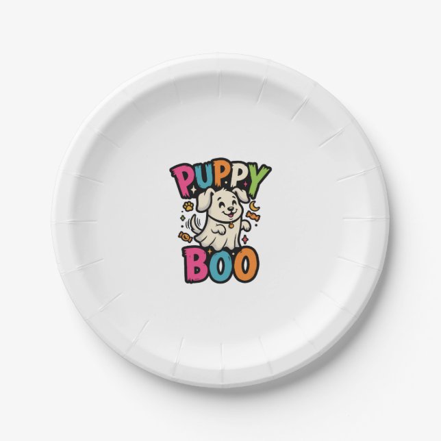 Plato De Papel Perro Cachorro Boo de Halloween (Anverso)