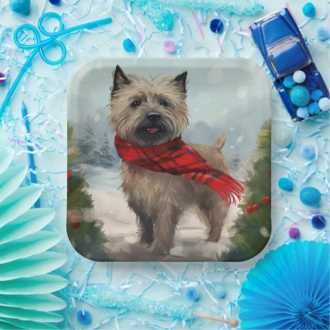 Plato De Papel Perro Cairn Terrier en Navidades de la Nieve (Fiesta)