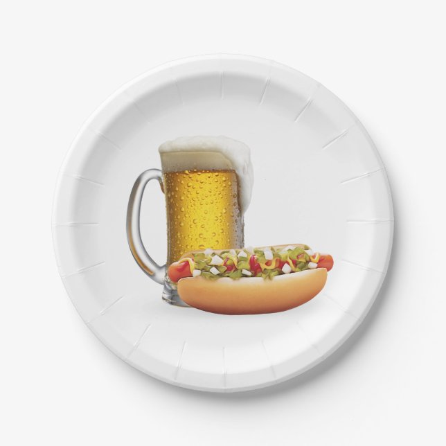 Plato De Papel Perro caliente y cerveza en blanco (Anverso)