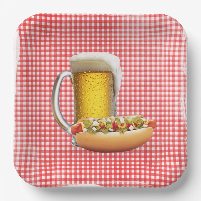 Plato De Papel Perro caliente y cerveza en Gingham (Anverso)