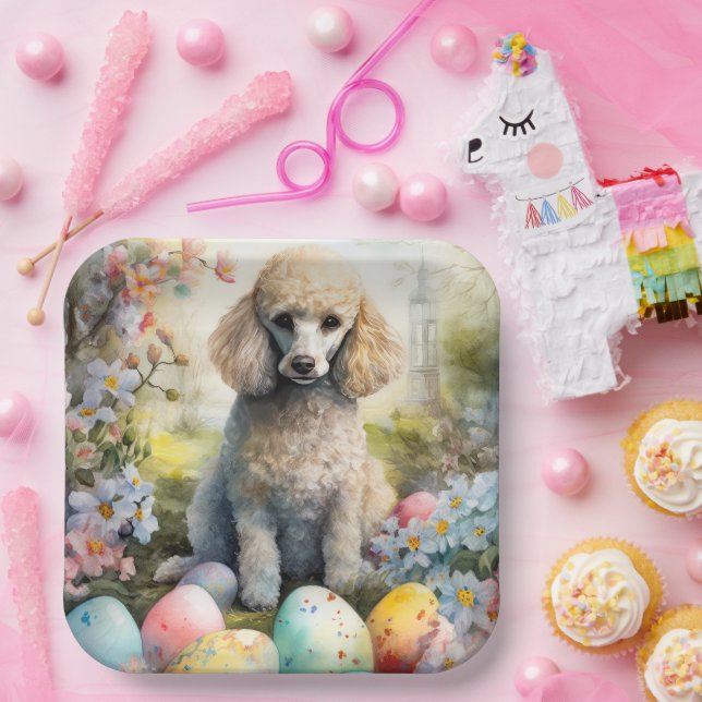 Plato De Papel Perro Caniche con Huevos de Pascua Fiesta (Fiesta)
