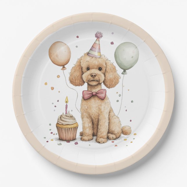 Plato De Papel Perro Caniche Estándar Cumpleaños (Anverso)