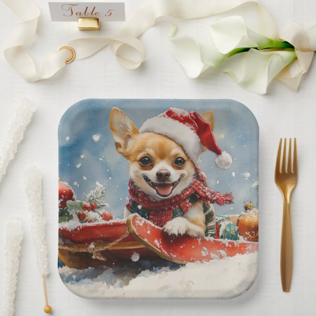 Plato De Papel Perro Chihuahua en escurrimiento deja que nieve Na (Boda)
