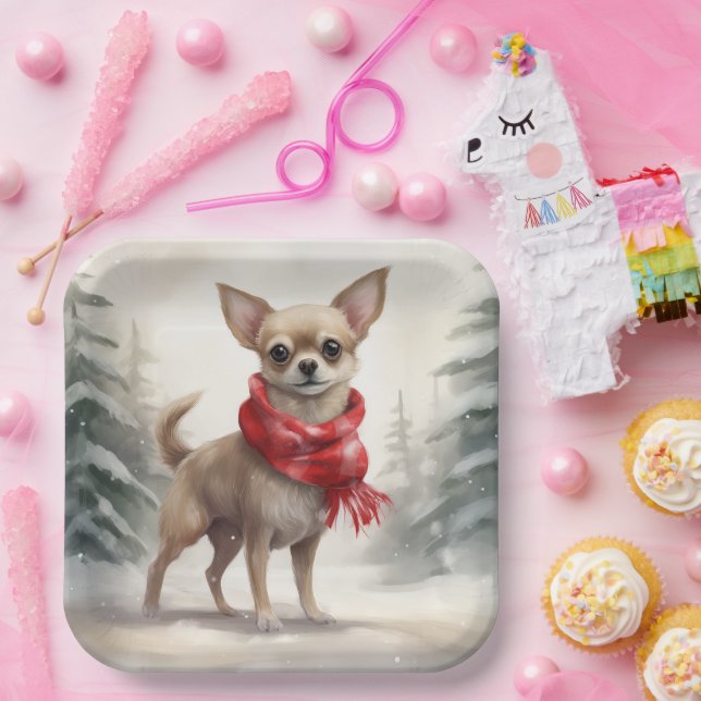 Plato De Papel Perro chihuahua en Navidades de nieve (Fiesta)