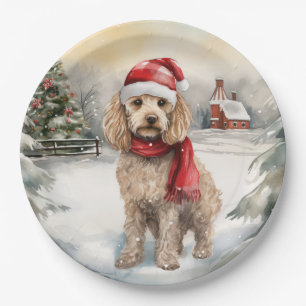 Plato De Papel Perro Cockapoo en Navidades de nieve