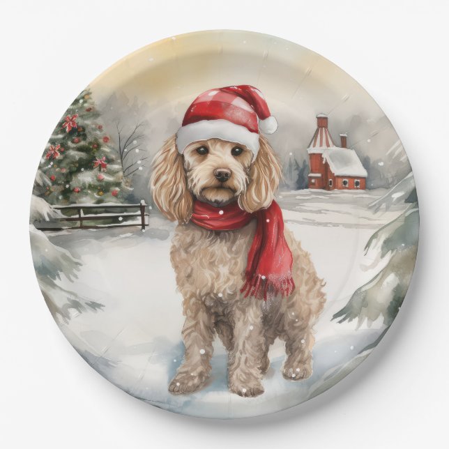 Plato De Papel Perro Cockapoo en Navidades de nieve (Anverso)