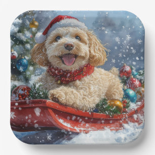 Plato De Papel Perro Cockapoo en Trineo Deja que Nieve Navidad