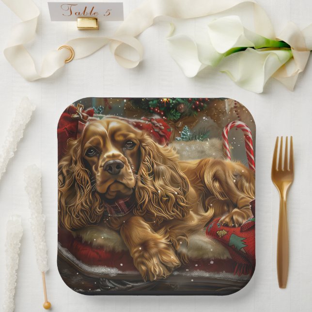 Plato De Papel Perro Cocker Spaniel Navidad Festiva (Boda)