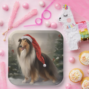 Plato De Papel Perro Collie Áspero en Navidad con Nieve