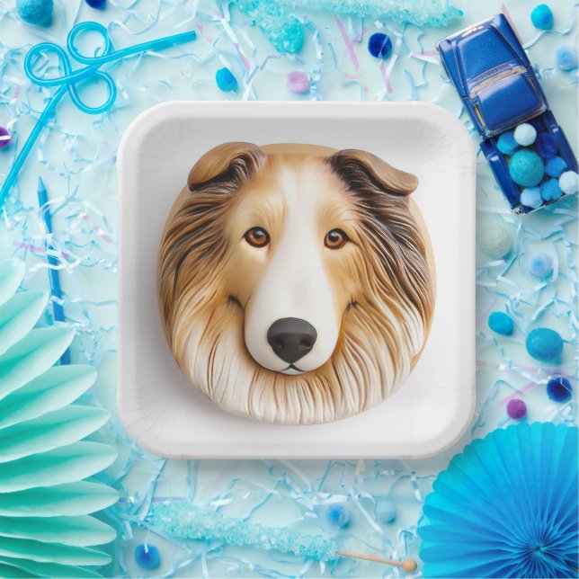 Plato De Papel Perro Collie Áspero Inspirado en 3D (Fiesta)