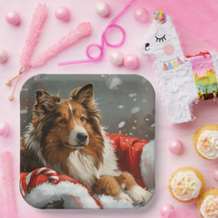 Plato De Papel Perro Collie áspero Navideño Festivo