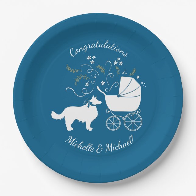 Plato De Papel Perro collie borde Baby Shower Puppy Blue Boy (Anverso)