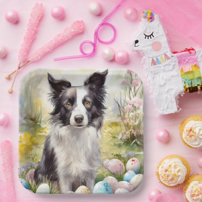 Plato De Papel Perro collie fronterizo con vacaciones de huevos d (Fiesta)