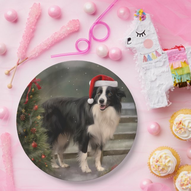 Plato De Papel Perro collie fronterizo en Navidades de nieve (Fiesta)