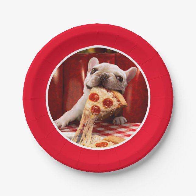 Plato De Papel Perro comiendo pizza Slice (Anverso)