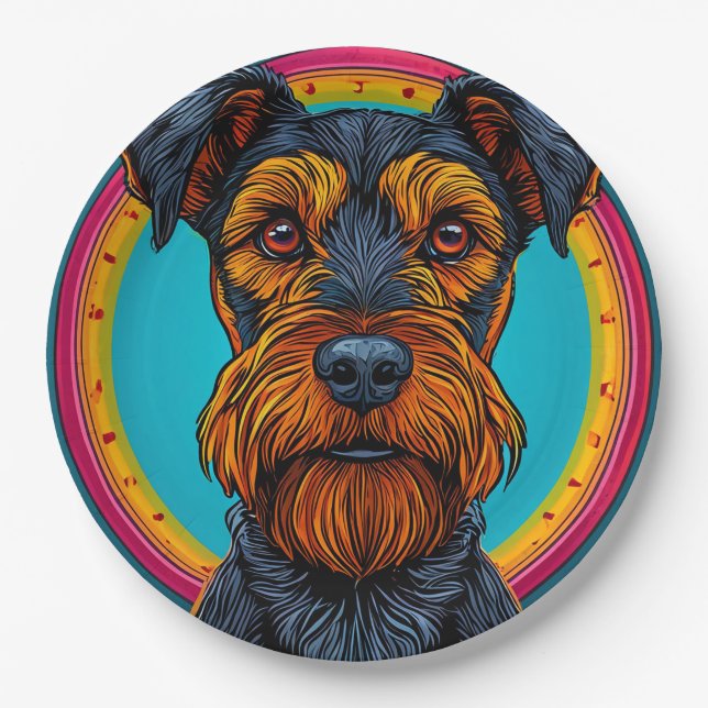 Plato De Papel Perro con diseño de fondo circular vibrante (Anverso)